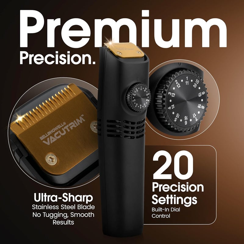 BELLHOWELL Vacutrim Cordless Mens Beard Trimmer, Rechargeable Electric Shaver with 20 Trim Setting Calibration Dial and Built-in Vacuum for Mustache, Sideburns. Facial Hair, Black, 7.5", As Seen On TV - Image 3